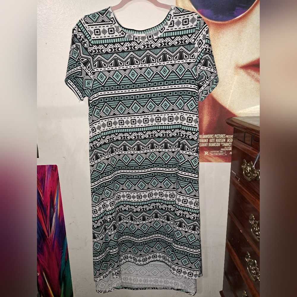 LuLaRoe L Black, White, and Teal Carly Dress